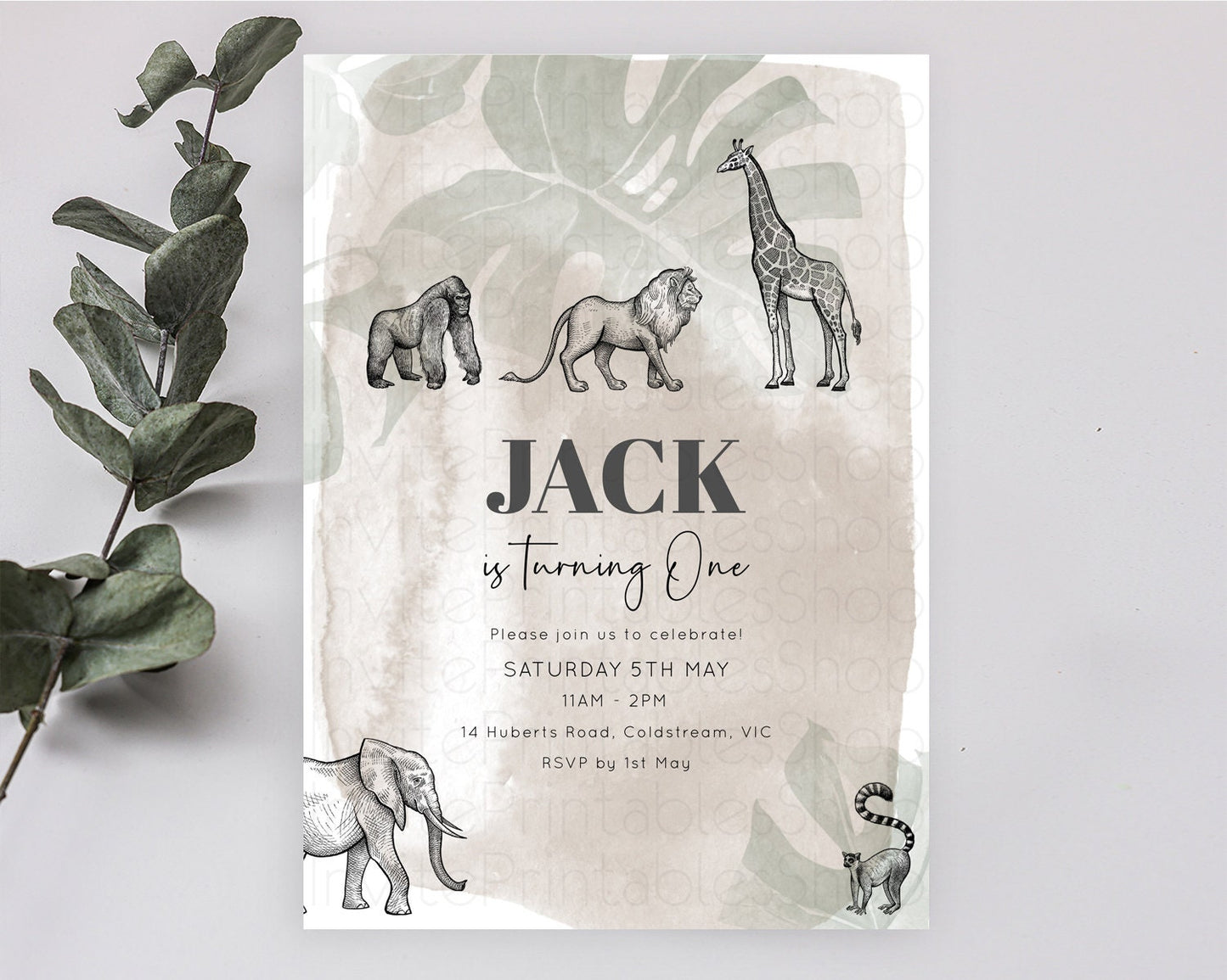 Safari Birthday Invitation Lion Gorilla Elephant Rhino Tropical Palm Jungle Safari Adventure Zoo Party Animal 2nd 1st First Birthday D10822