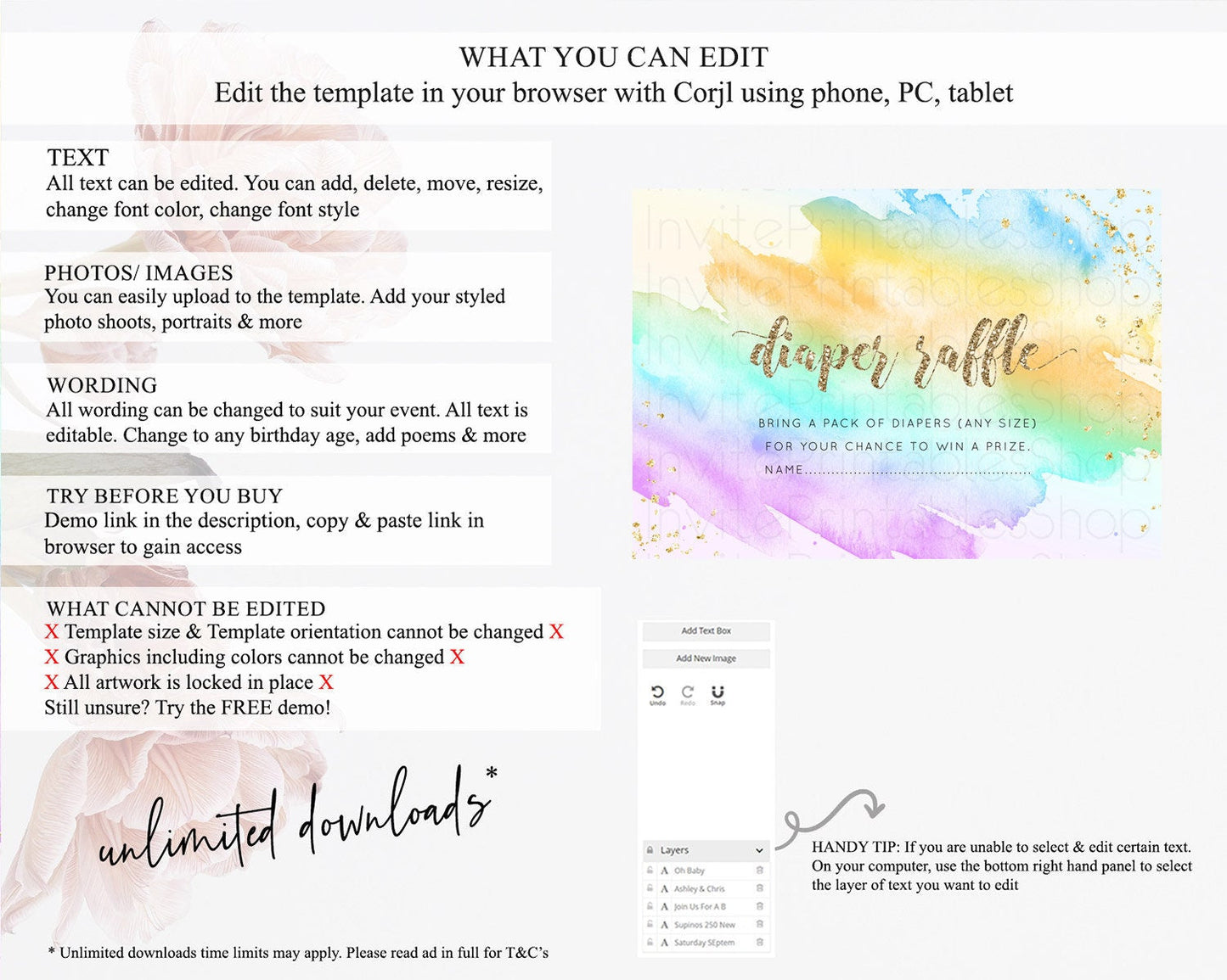 Pastel Diaper Raffle Card Pastel Rainbow Diaper Raffle Insert Colorful Ombre Watercolor Diaper Ticket Confetti Glitter Raffle Game D10426