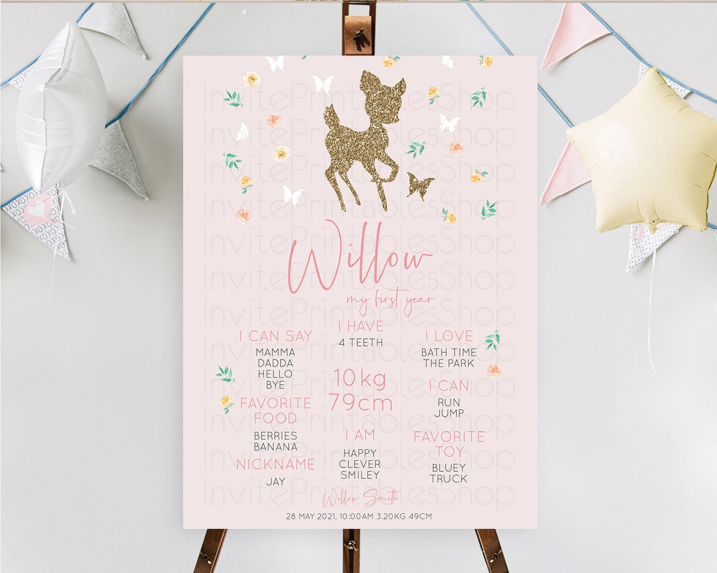 Fawn First Birthday Milestone Board Deer First Birthday Milestone Poster Enchanted Forest Butterfly Pastel Flowers 1st Birthday Sign D10386