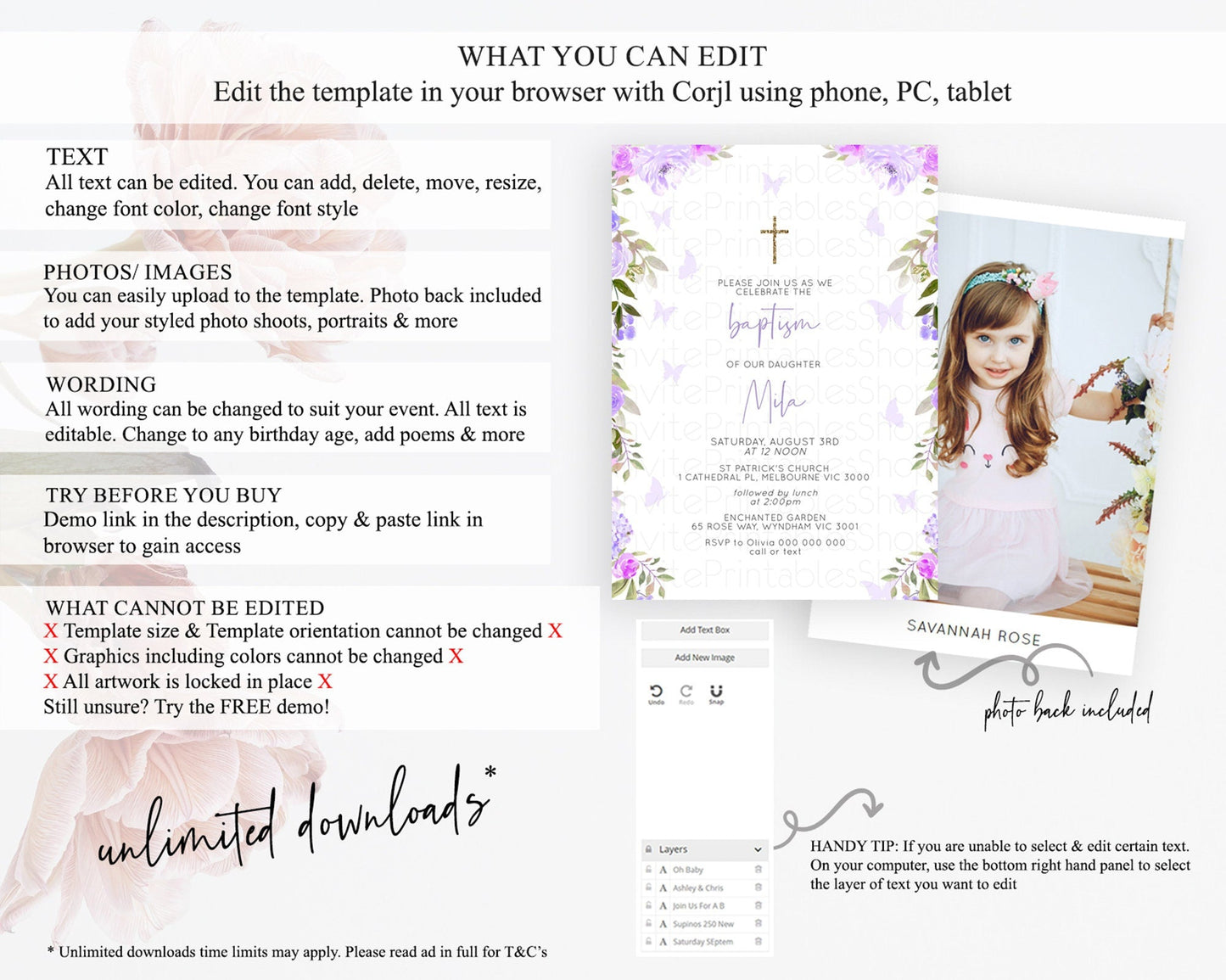 Secret Garden Baptism Invitation Wildflower Baptism Birthday Invite Pastel Flowers Christening Invite Enchanted Garden Boho Floral D10719