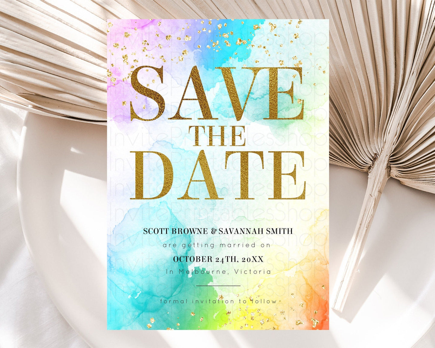 Pastel Save The Date Template Pastel Ombre Rainbow Watercolor Colorful Party For Birthday Baptism Baby Shower Wedding Bridal Shower D10961