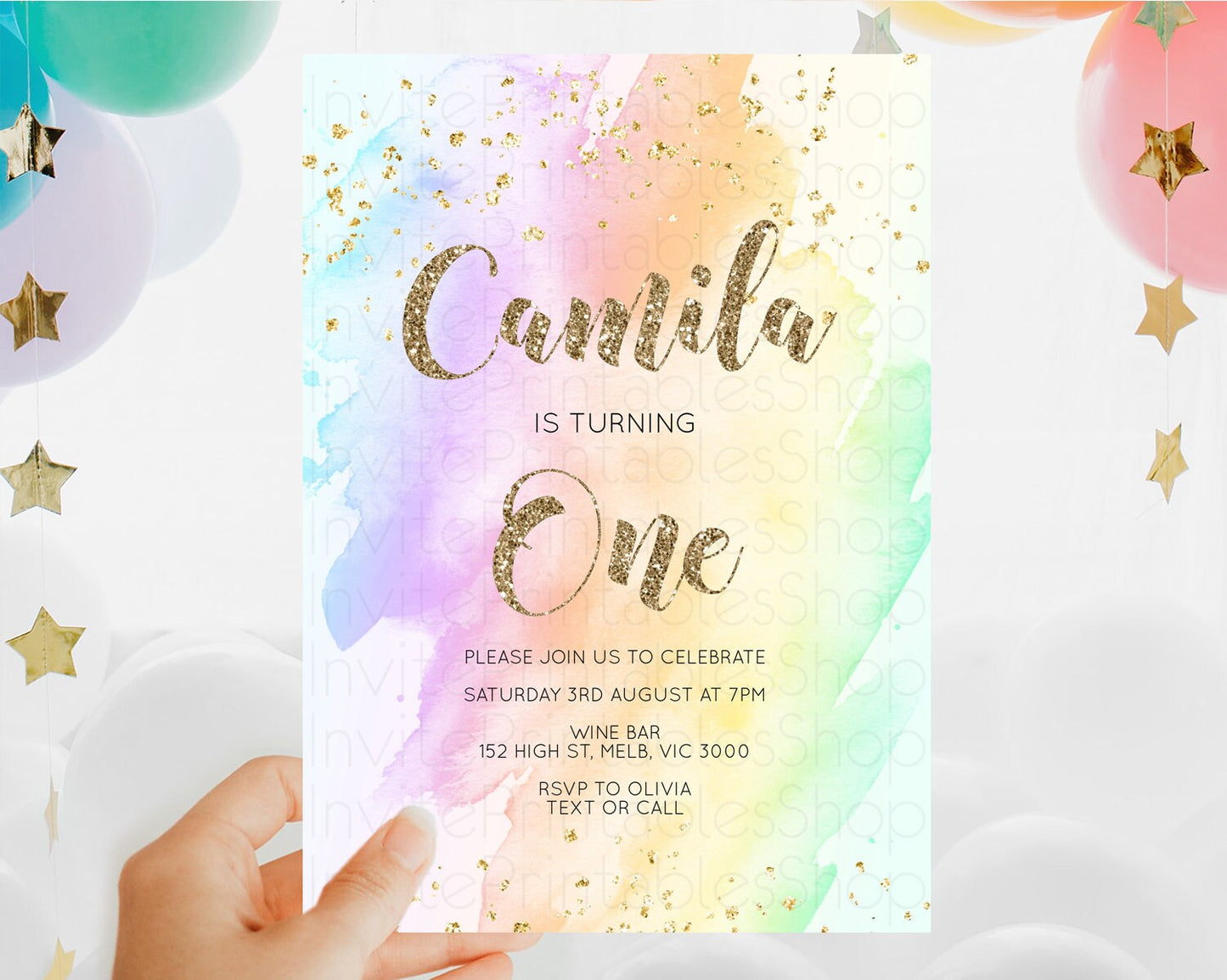 Rainbow Birthday Invitation Colorful Pastel Watercolor Invitation Gold Glitter Sprinkles Ombre Pastel 1st 2nd 3rd Birthday D10643