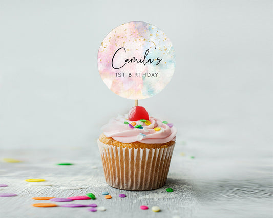 Editable Rainbow Cupcake Toppers Pastel Cupcake Toppers Colorful Pastel Wate