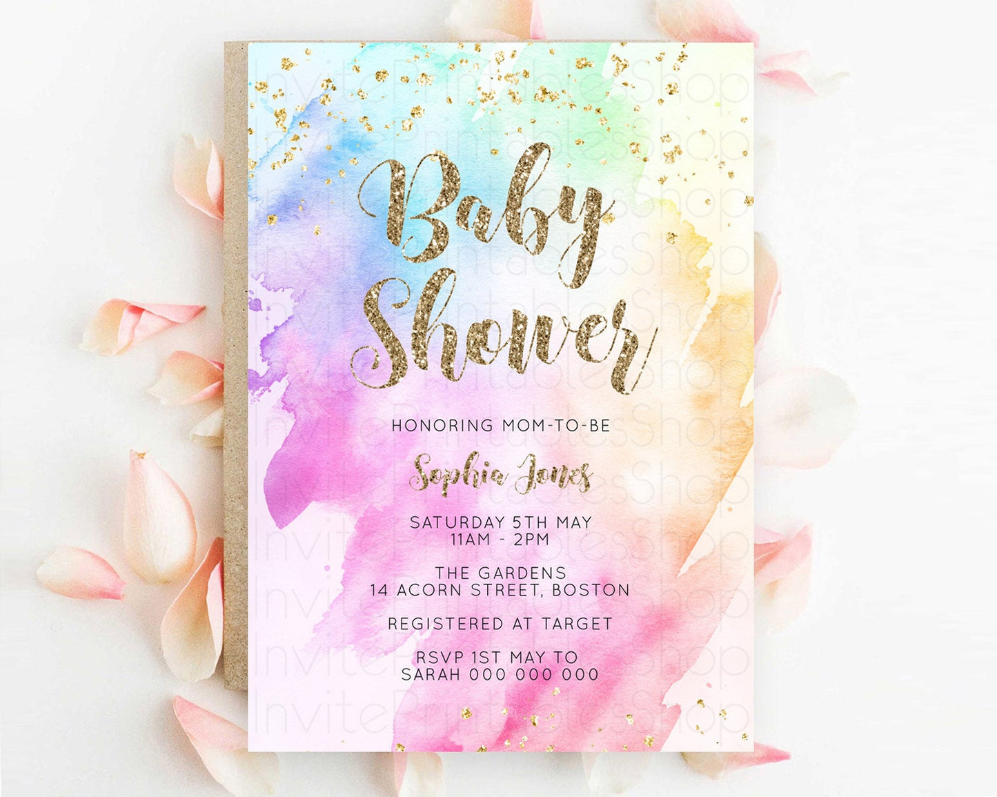 Pastel Rainbow Baby Shower Invitation, Colorful Watercolor Splash, Gold Glitter Confetti Sprinkles, Ombre Pink, Yellow, Green, Orange D10450