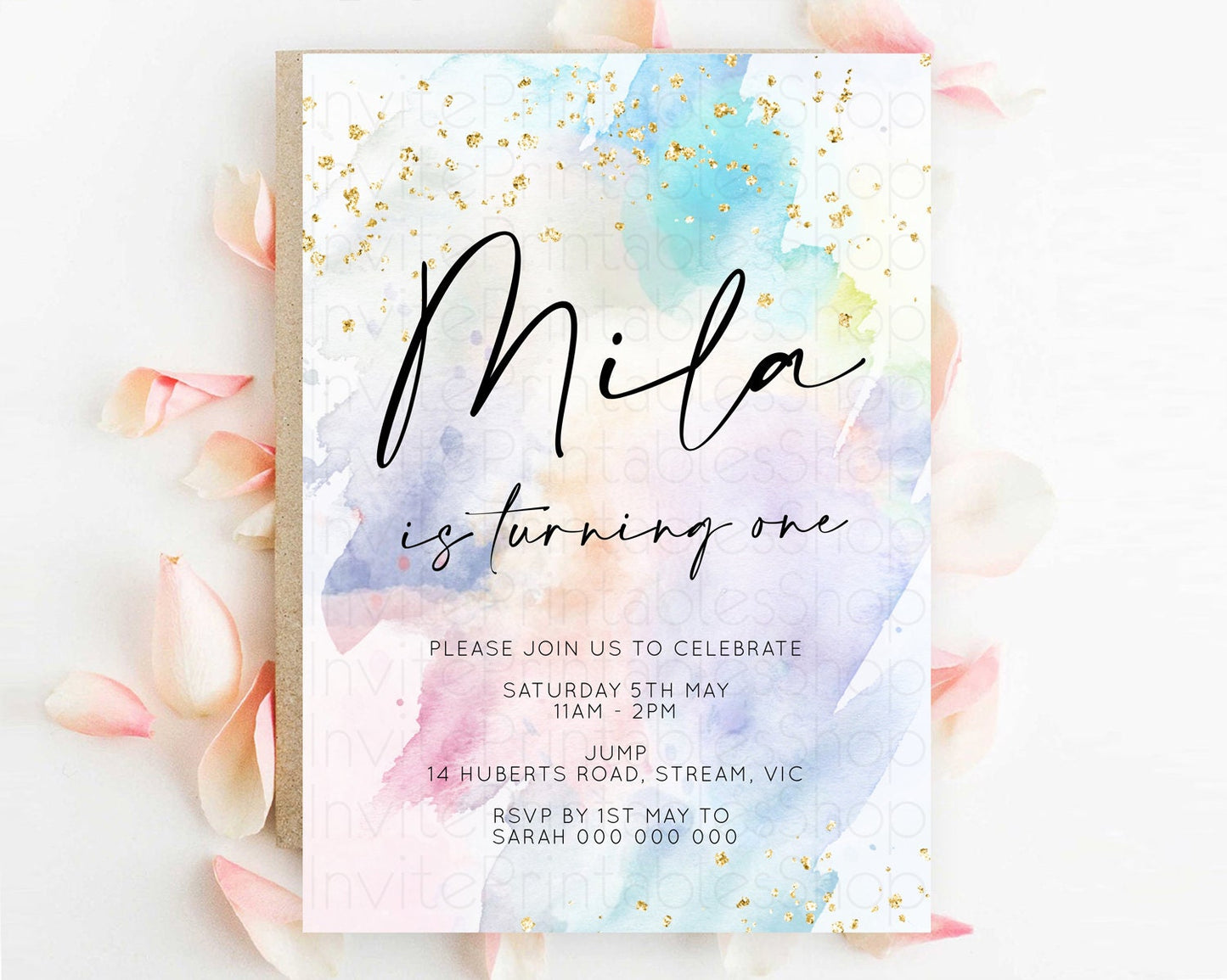 Rainbow Birthday Invitation Colorful Pastel Watercolor Invitation Gold Glitter Sprinkles Ombre Pastel 1st 2nd 3rd Birthday D10420