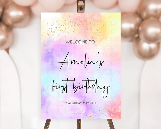 Pastel Welcome Sign Pastel Rainbow Welcome Sign Colorful Rainbow Confetti Watercolor Glitter Pastel First Birthday Welcome Sign D10438