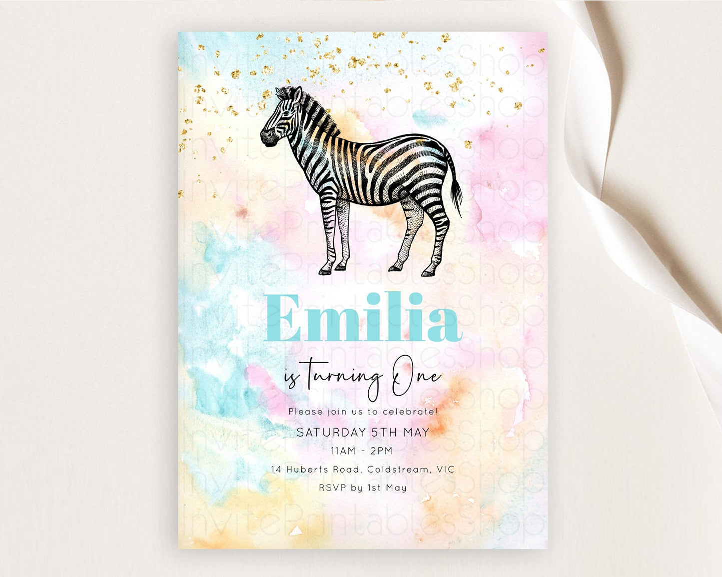 Pastel Zebra Birthday Invitation Pastel Zebra Invite Rainbow Zebra Invitation Colorful Watercolor Invite Safari Zoo Glitter Invite D10281