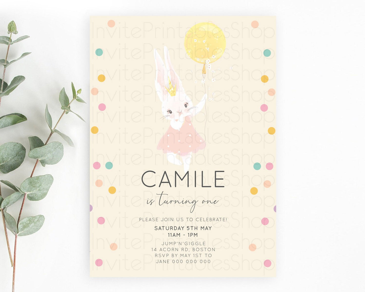 Bunny Birthday Invitation Pastel Bunny Invitation Bunny Balloon Invites Pastel Confetti Balloon Bunny Invites 2nd 1st First Birthday 199v4