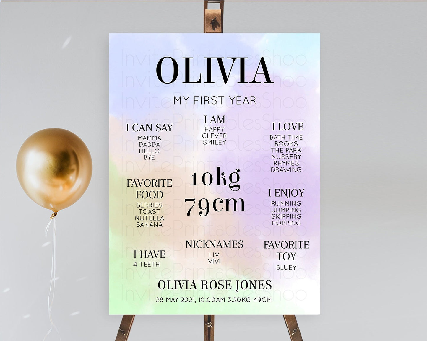 Pastel First Birthday Milestone Board Pastel Rainbow Milestone Poster Colorful Confetti Watercolor Glitter 1st Birthday Welcome Sign D10371