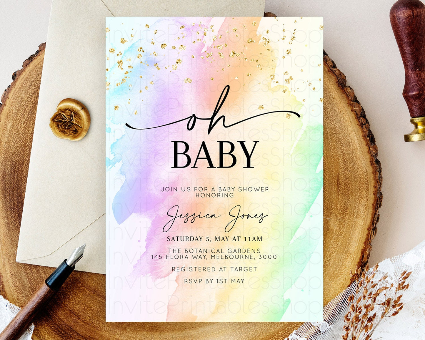 Pastel Baby Shower Invitation Rainbow Baby Shower Invitation Colorful Pastel Watercolor Invitation Gold Glitter Sprinkles Ombre D10645