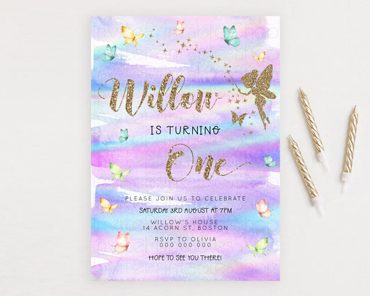 Pastel Fairy Birthday Invitation Pastel Butterflies Fairy Birthday Invitation Rainbow Ombre Watercolor 1st 2nd Birthday Invitation D23309