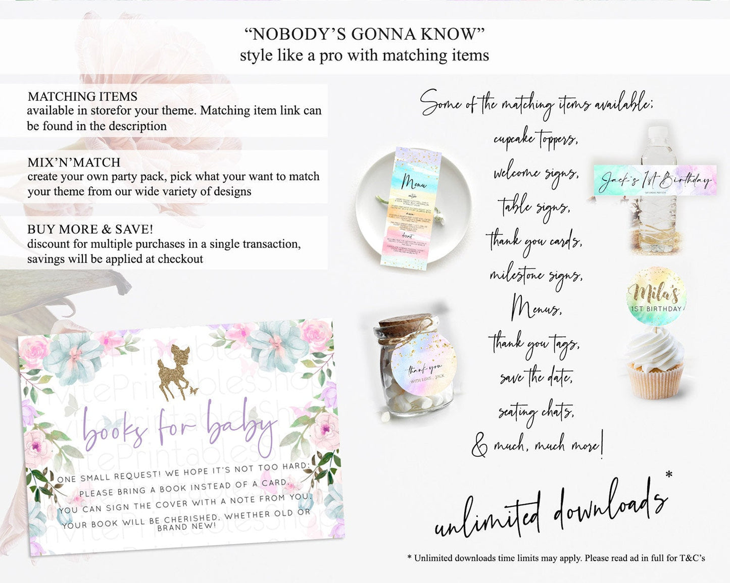Fawn Books For Baby Card Deer Book Insert Floral Deer Book Card Enchanted Forest Butterfly Pastel Baby Shower Book Poem Request D10476