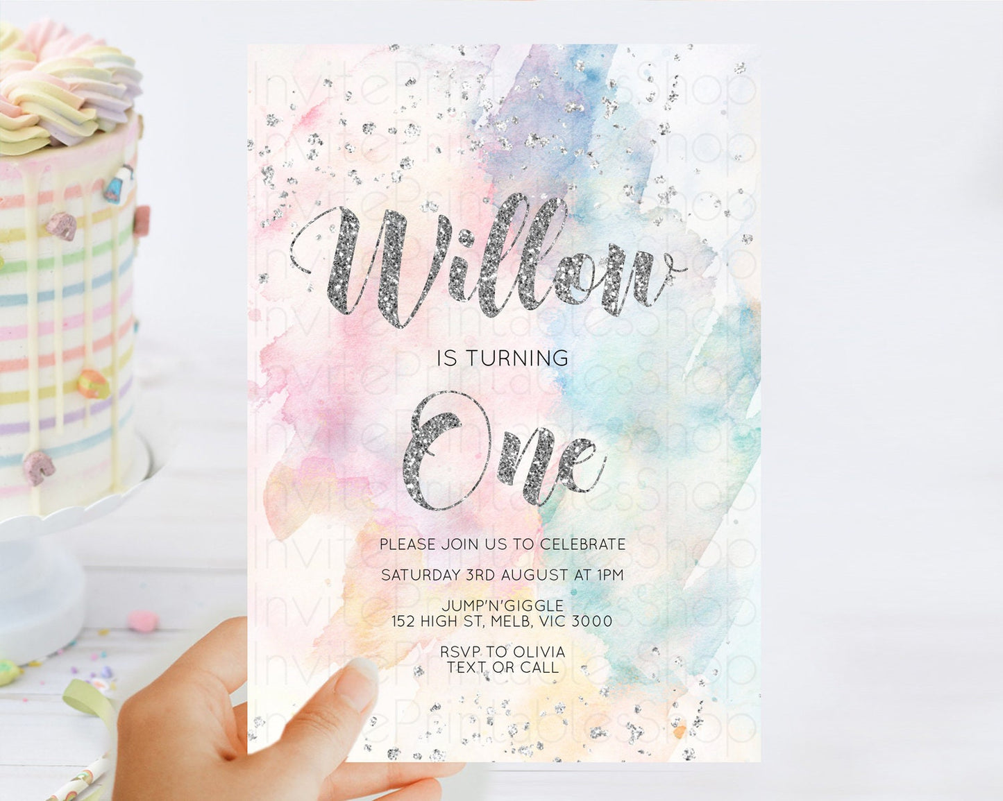 Editable Rainbow Birthday Invitation Colorful Pastel Watercolor Silver Glitt
