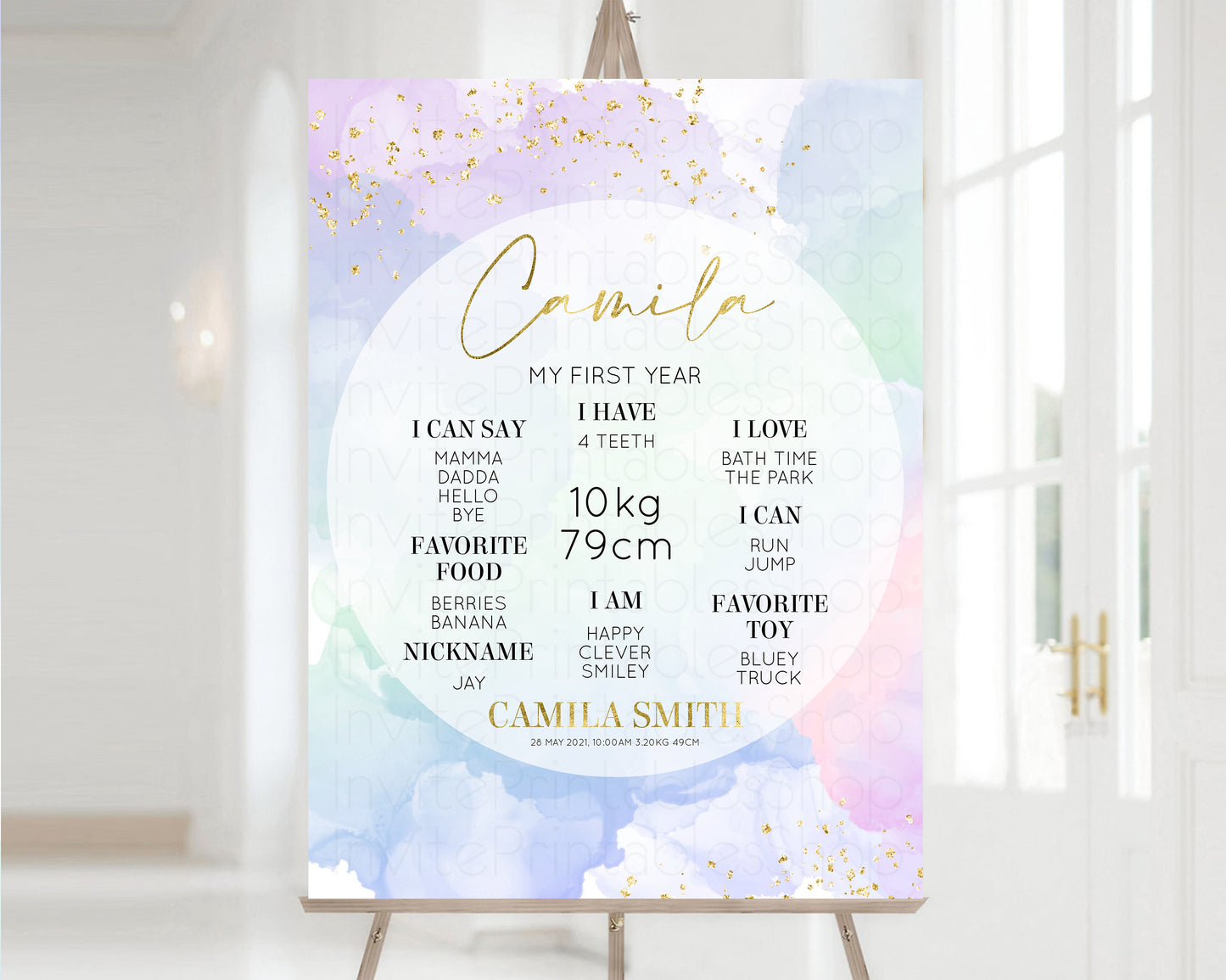 Pastel First Birthday Milestone Board Pastel Rainbow Milestone Poster Watercolor Glitter One Year Poster Colorful Splash Baby 1st Year 599v2
