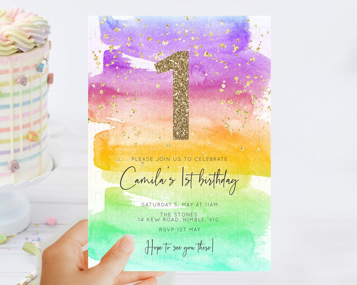 Rainbow Birthday Invitation Colorful Pastel Watercolor Invitation Gold Glitter Sprinkles Ombre Pastel 1st 2nd 3rd Birthday D10524