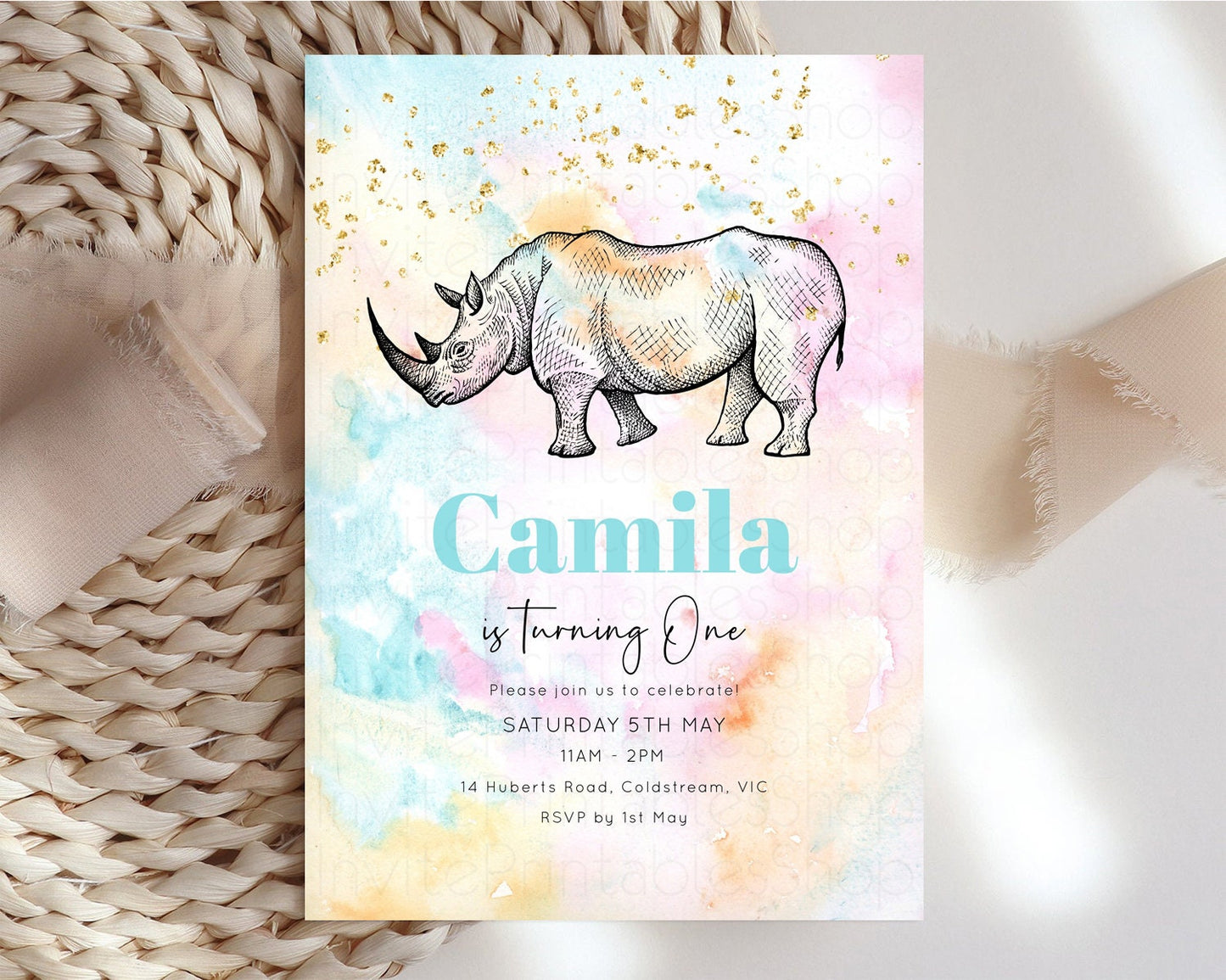 Pastel Rhinoceros Birthday Invitation Pastel Rhino Invite Rainbow Rhino Invitation Colorful Watercolor Invite Safari Zoo Glitter Invite W286