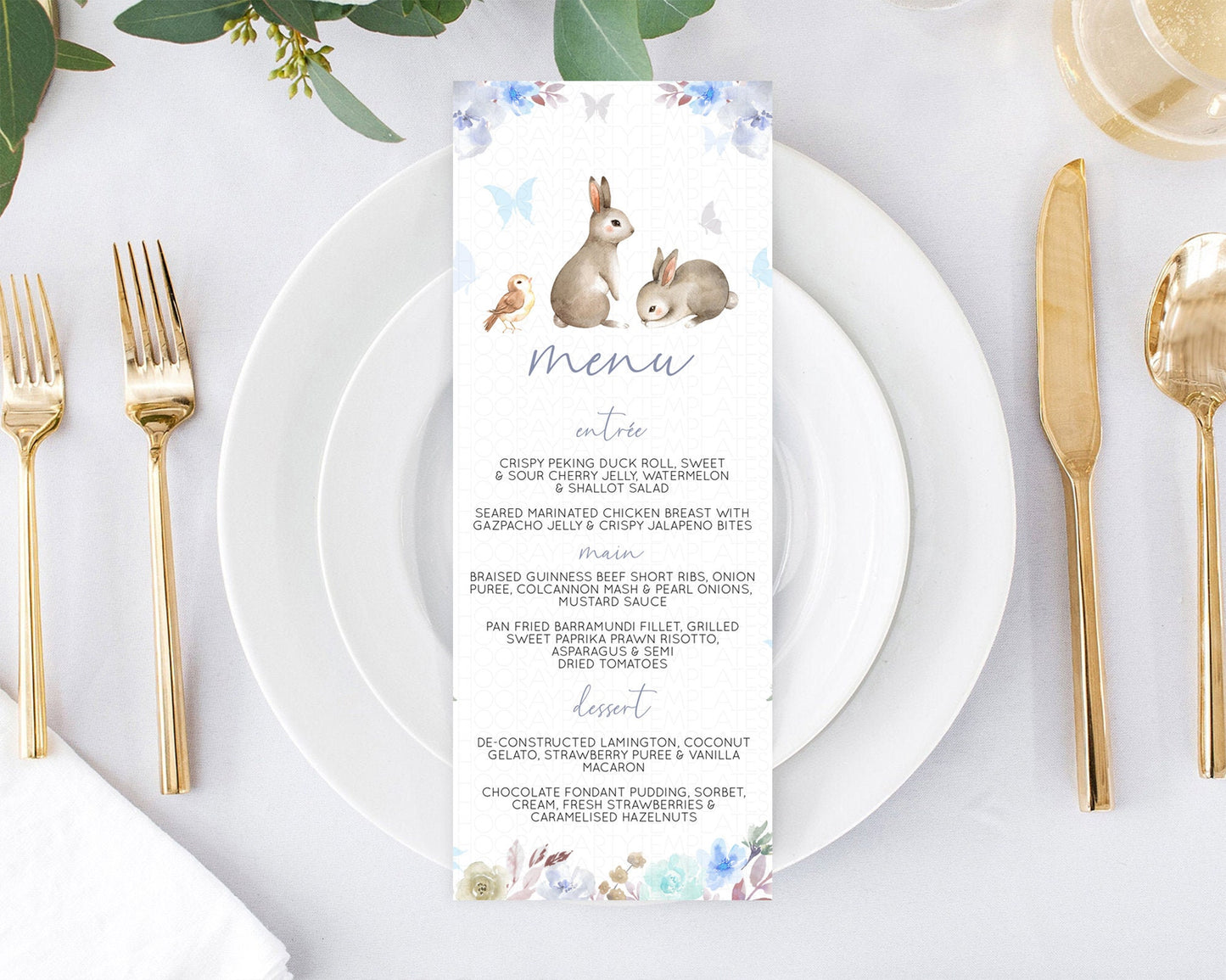 Bunny Menu Floral Bunny Menu Template Pastel Flowers Bunny Table Decor Secret Garden Bunny Dinner Dessert Menu Party Food Menu D10927