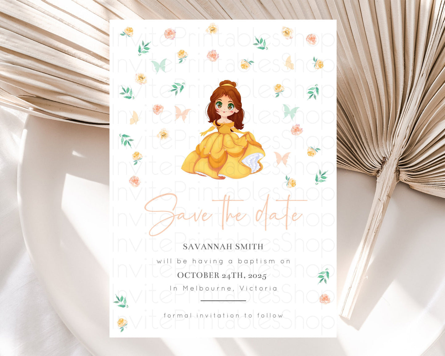 Princess Save The Date Template Secret Garden Enchanted Castle Pastel Floral Royal Party For 1st Birthday Baptism Baby Shower D10890