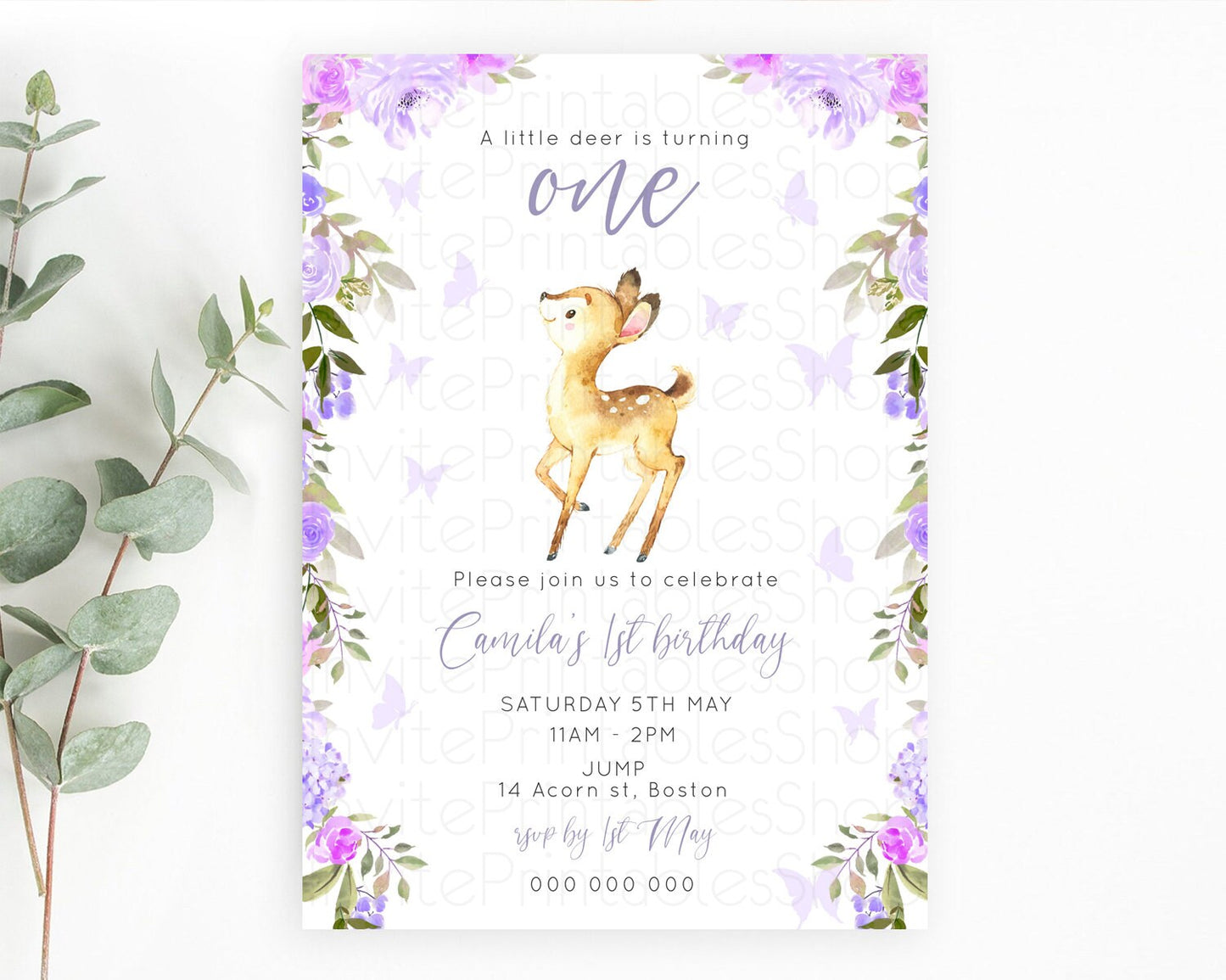 Fawn Birthday Invitation Deer Birthday Invitation Enchanted Forest Party Butterfly Pastel Flowers Whimsical 2nd 1st First Birthday D10916