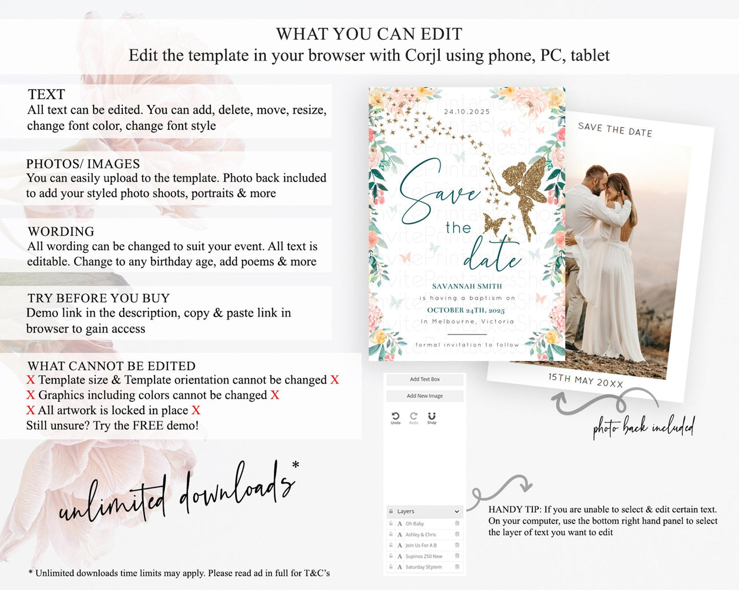 Fairy Save The Date Template Enchanted Garden Pastel Floral Butterfly Party Secret Garden Birthday Baptism Baby Shower Bridal Shower D10239