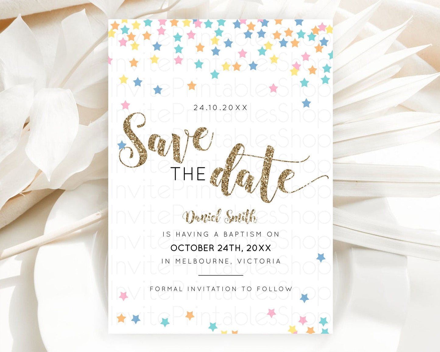 Twinkle Stars Save The Date Template Pastel Twinkle Little Star Party Shooting Star Confetti Sprinkles Birthday Baptism Baby Shower D10298