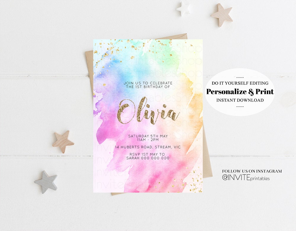 Rainbow Birthday Invitation Ombre Pastel Invitation Colorful Watercolor Splash Invite Gold Glitter Sprinkles Printable Digital Invite g504