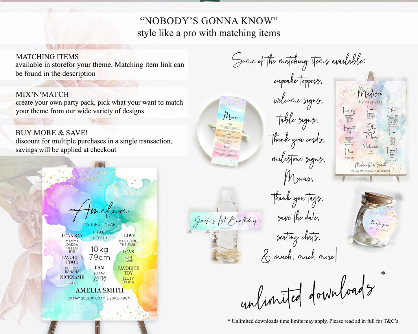 Pastel First Birthday Milestone Board Pastel Rainbow Milestone Poster Colorful Confetti Watercolor Glitter 1st Birthday Welcome Sign D10213
