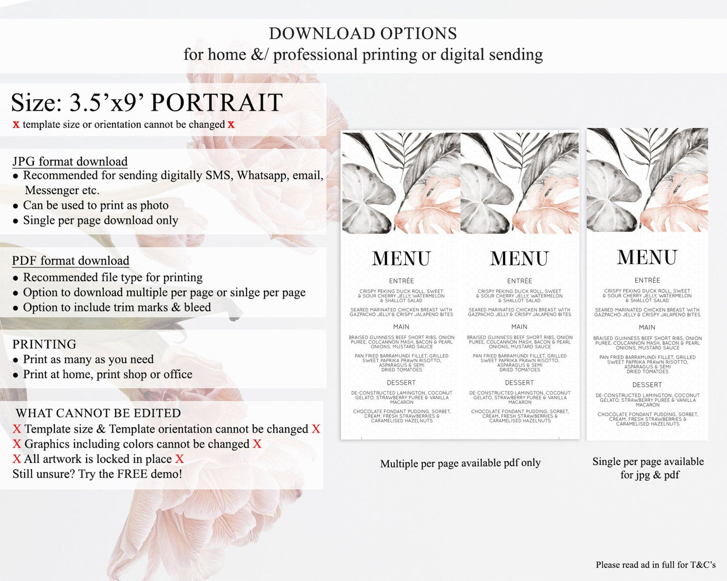 Tropical Menu Template Tropical Menu Palm Leaf Fern Table Decor Frangipani Floral White Orchid Dinner Dessert Menu Party Food Menu D11065