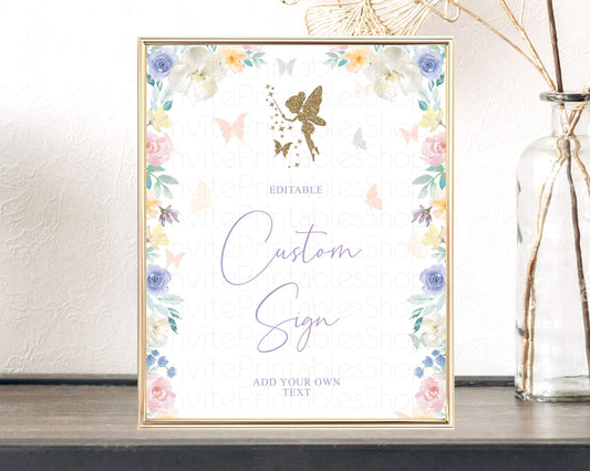Editable Fairy Sign Enchanted Garden Table Sign Decor Pastel Floral Butterfl