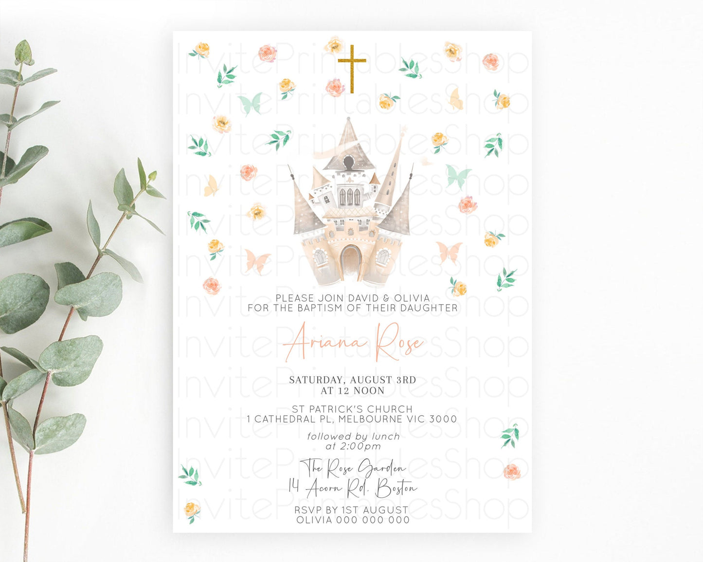 Princess Baptism Invitation Enchanted Castle Baptism 1st Birthday Invitation Royal Party Pastel Floral Secret Garden Christening D10363