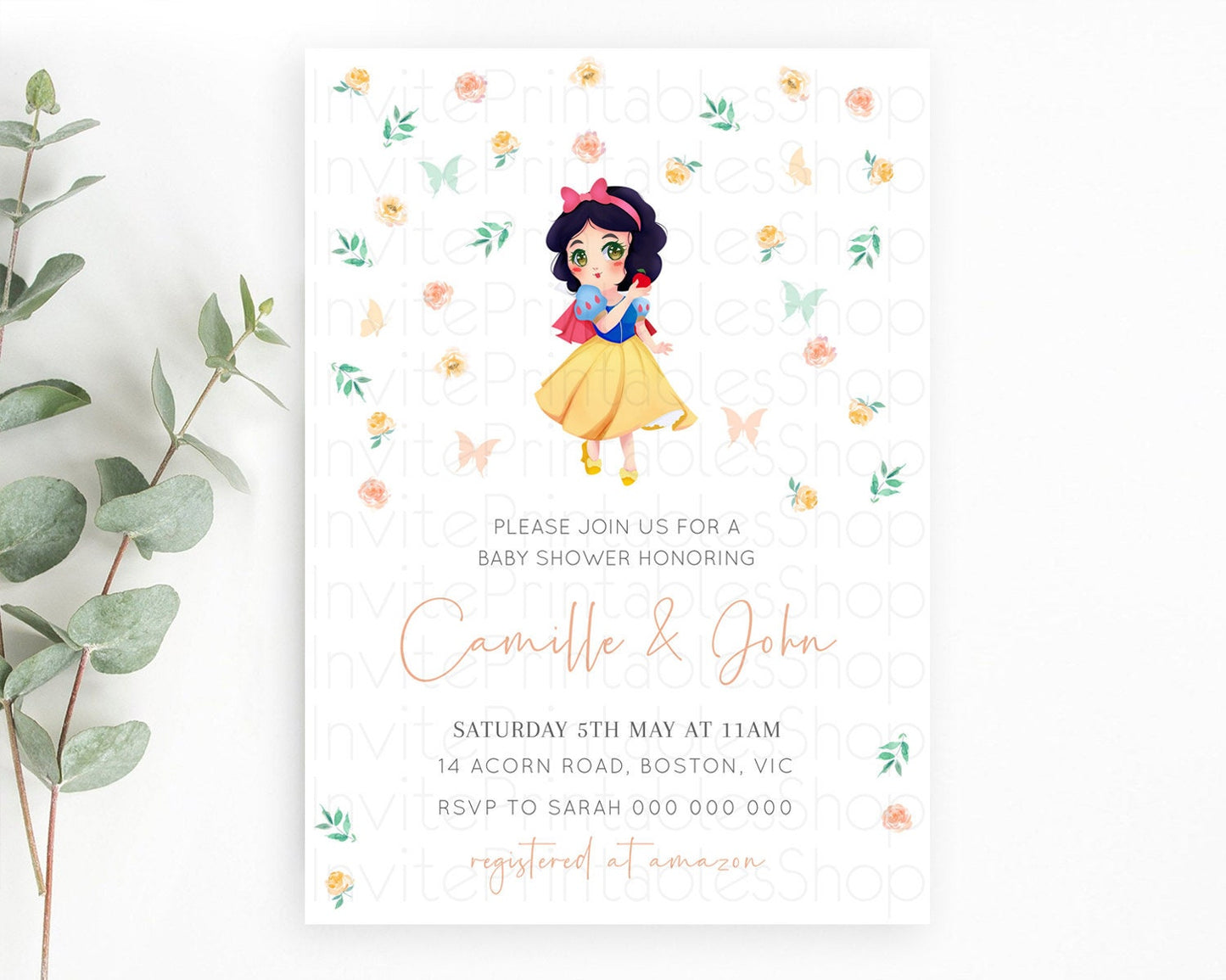 Princess Baby Shower Invitation: Enchanted Garden, Castle, Royal Baby, Secret Garden, Butterflies - Floral Orange Green Theme D10356