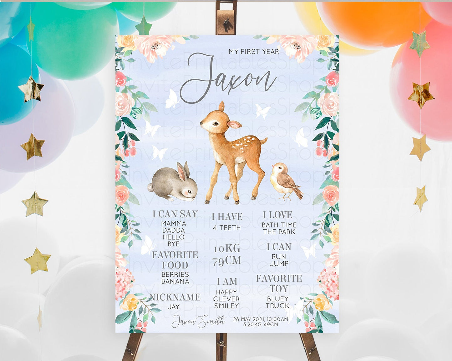 Fawn First Birthday Milestone Board Deer First Birthday Milestone Poster Enchanted Forest Butterfly Pastel Flowers 1st Birthday Sign D10920