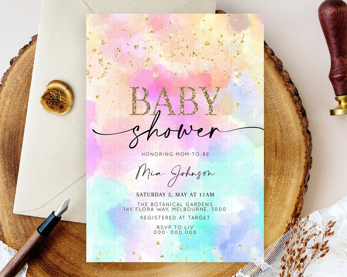 Pastel Baby Shower Invitation Rainbow Baby Shower Invitation Colorful Pastel Watercolor Invitation Gold Glitter Sprinkles Ombre D10667