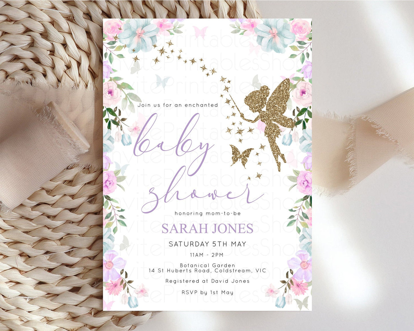 Fairy Baby Shower Invitation Fairy Garden Baby Shower Invitation Enchanted Garden Baby Shower Secret Garden Glitter Pastel Floral D10475