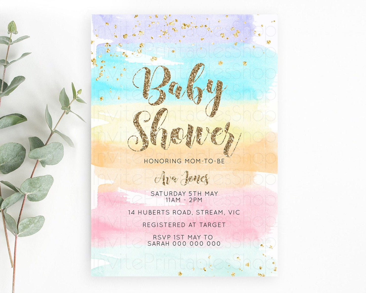 Pastel Baby Shower Invitation Rainbow Baby Shower Invitation Colorful Pastel Watercolor Invitation Gold Glitter Sprinkles Ombre D10508