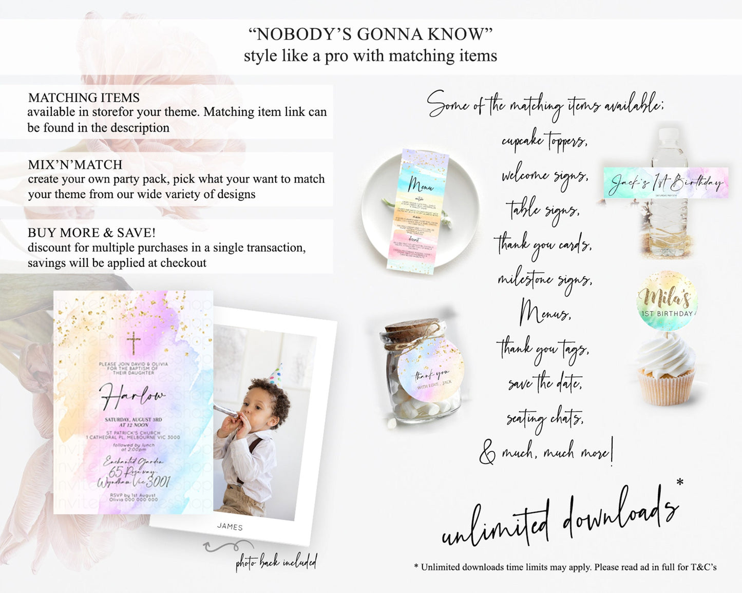 Pastel Baptism Invitation Pastel Colors Watercolor Baptism 1st Birthday Party Gold Ombre Pastel Rainbow Christening Holy Communion D10175