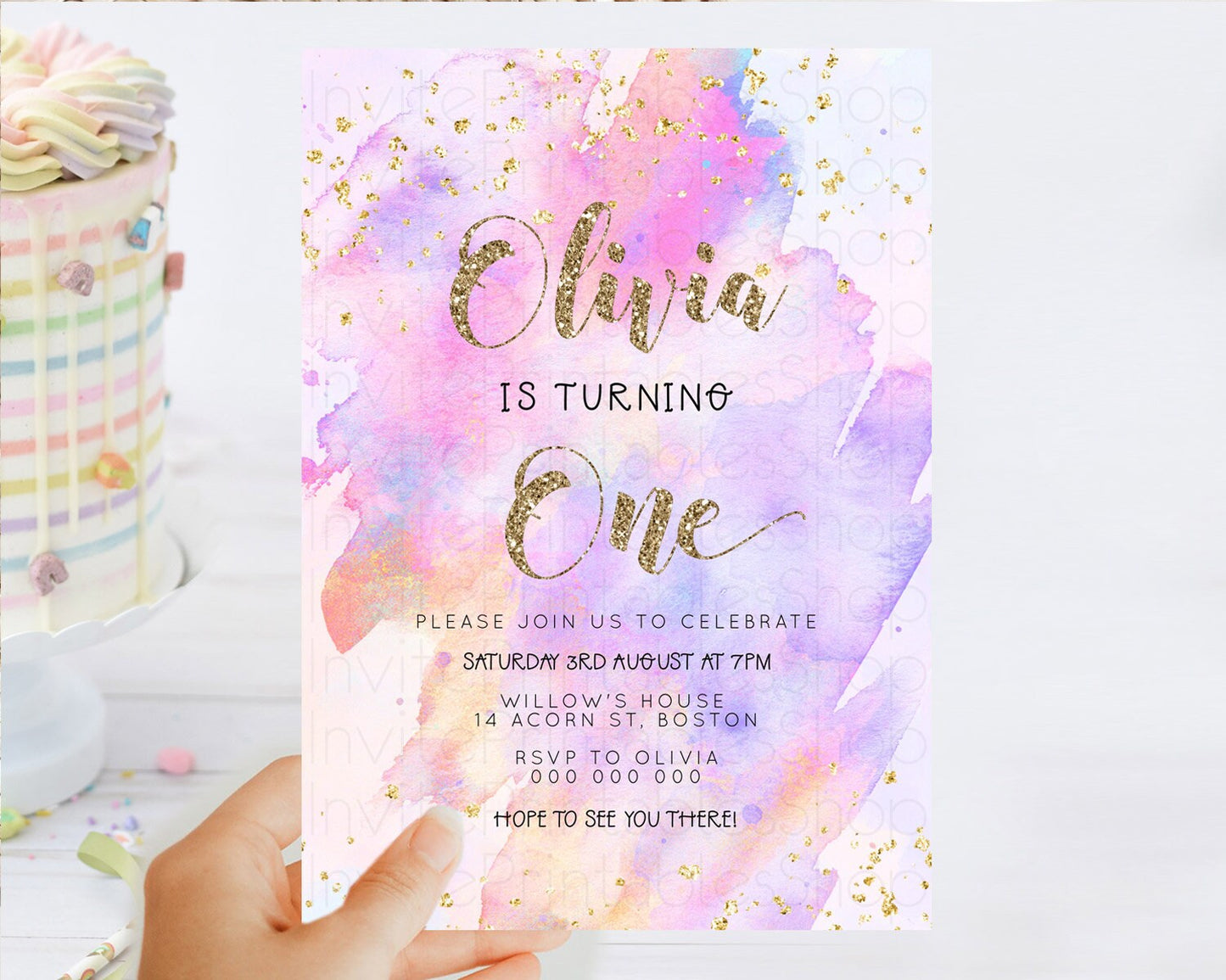 Rainbow Birthday Invitation Colorful Pastel Watercolor Invitation Gold Glitter Sprinkles Ombre Pastel 1st 2nd 3rd Birthday D23298