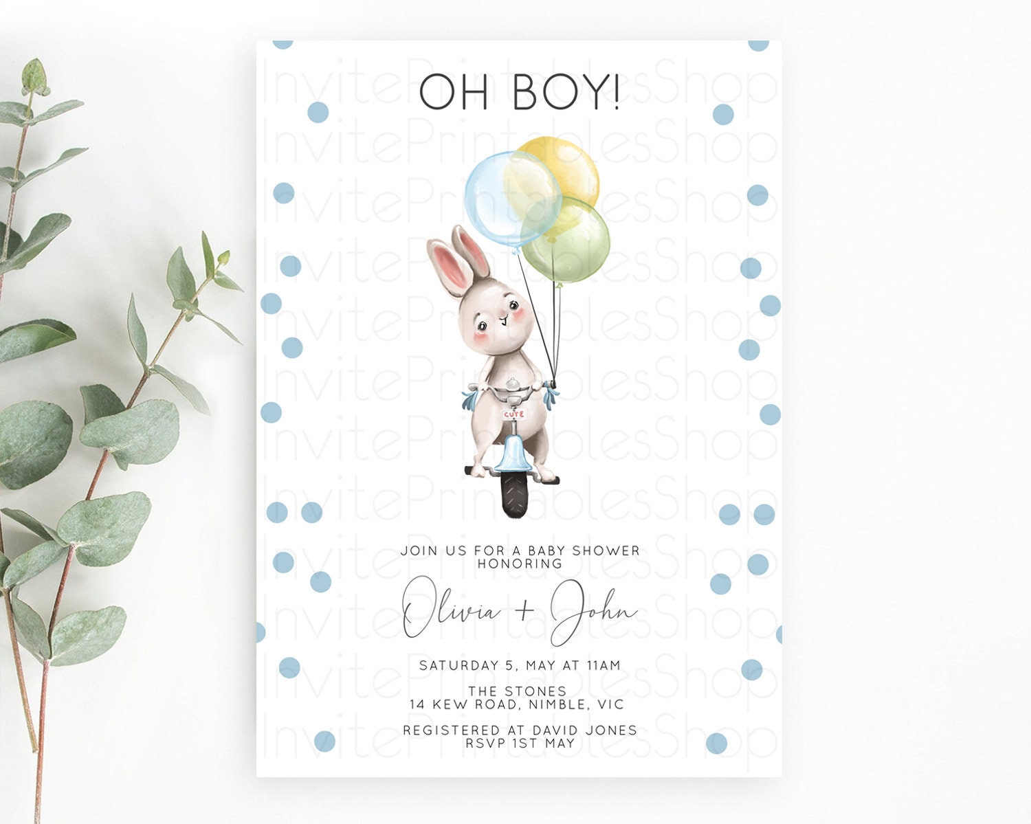 Editable Bunny Baby Shower Invitation, Cute Rabbit Holding Balloons On a Tri