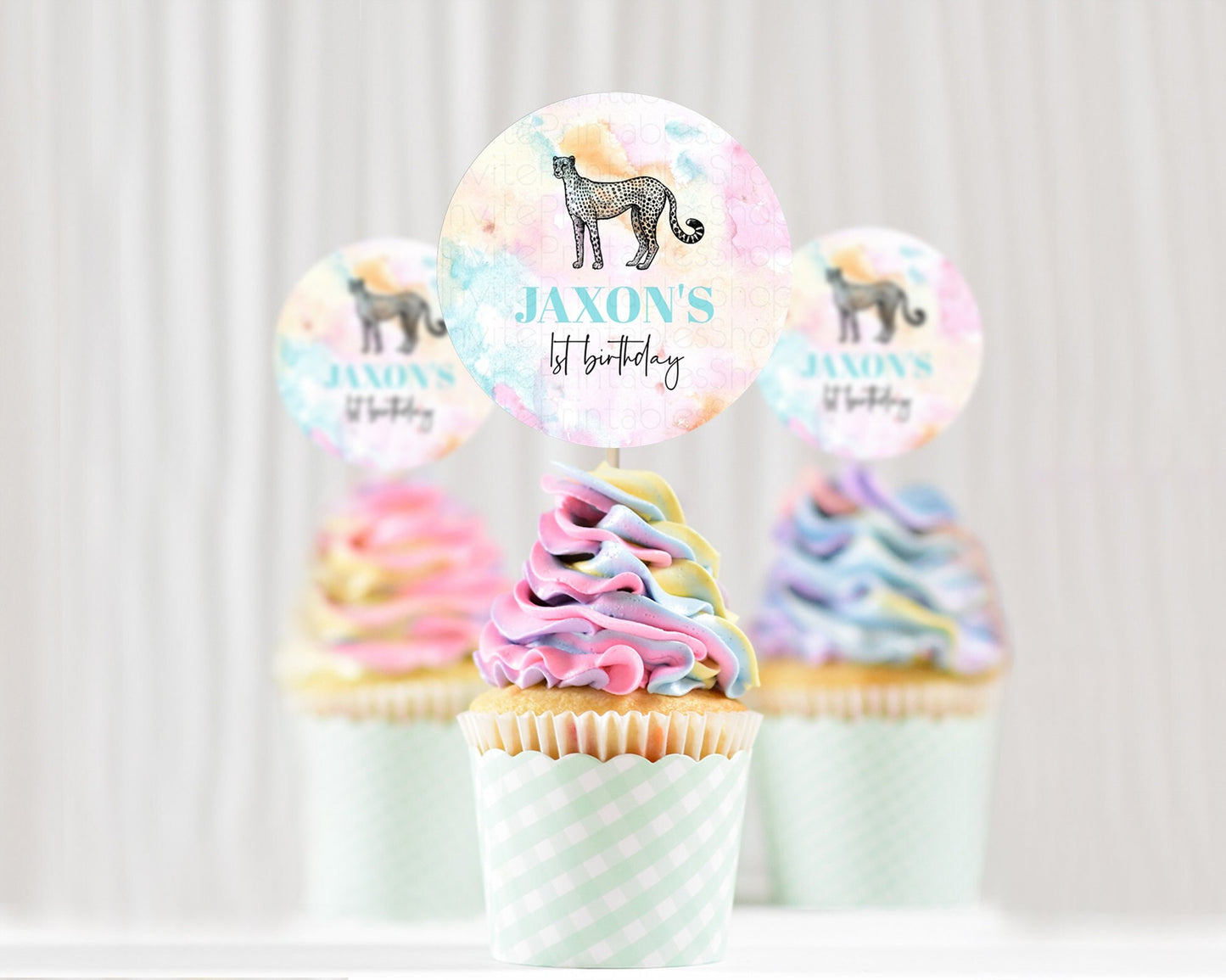 Cheetah Cupcake Toppers Pastel Cheetah Cupcake Toppers Cheetah Pastel Watercolor Cupcake Rainbow Cheetah Cupcake First Birthday D10289