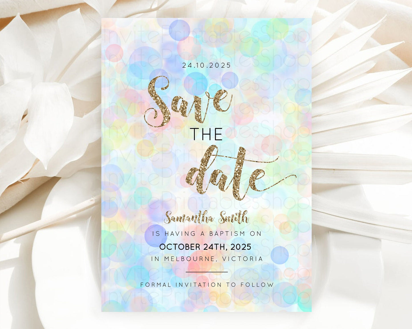 Pastel Bubbles Save The Date Template Bubble Bath Party Rainbow Colorful Confetti Sprinkles 1st Birthday Baby Shower Baptism Wedding D10447