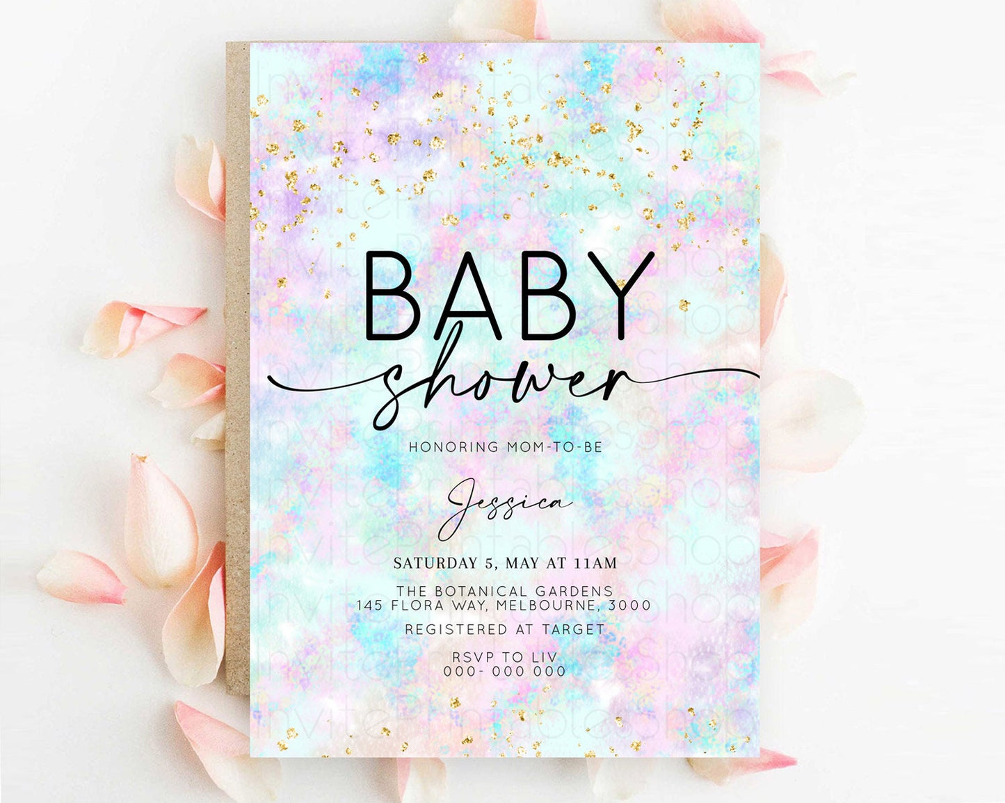 Pastel Baby Shower Invitation Rainbow Baby Shower Invitation Colorful Pastel Watercolor Invitation Gold Glitter Sprinkles Ombre D10652