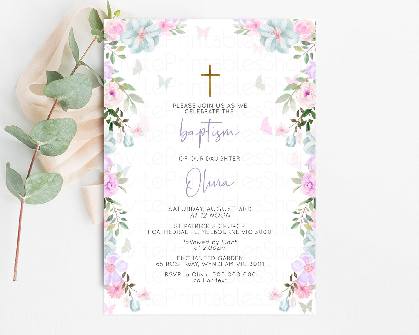 Floral Baptism Invitation Pastel Floral Christening Invitation Enchanted Garden Purple Pink Flowers Butterflies Holy Communion Invite 513