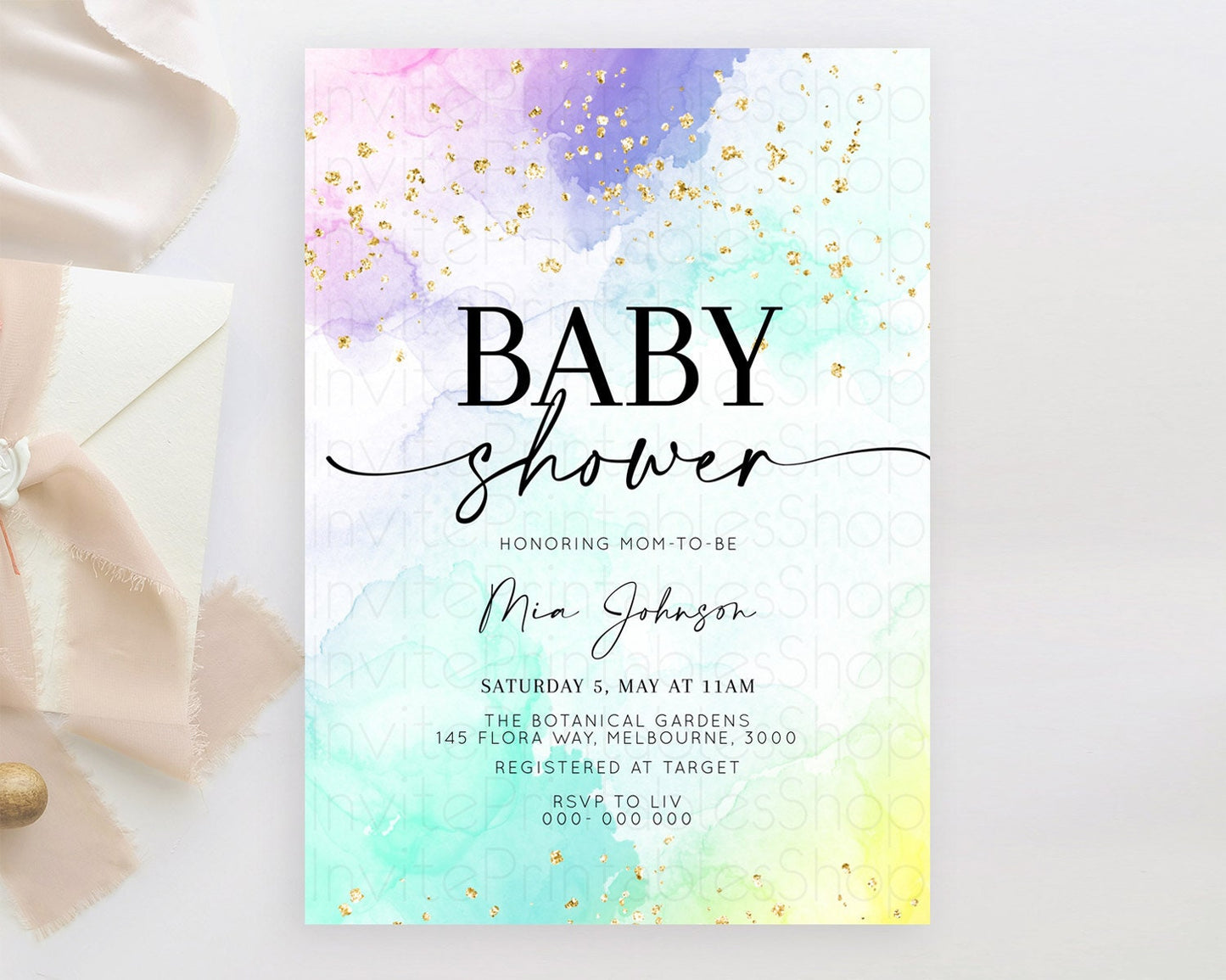 Pastel Baby Shower Invitation Rainbow Baby Shower Invitation Colorful Pastel Watercolor Invitation Gold Glitter Sprinkles Ombre D10157