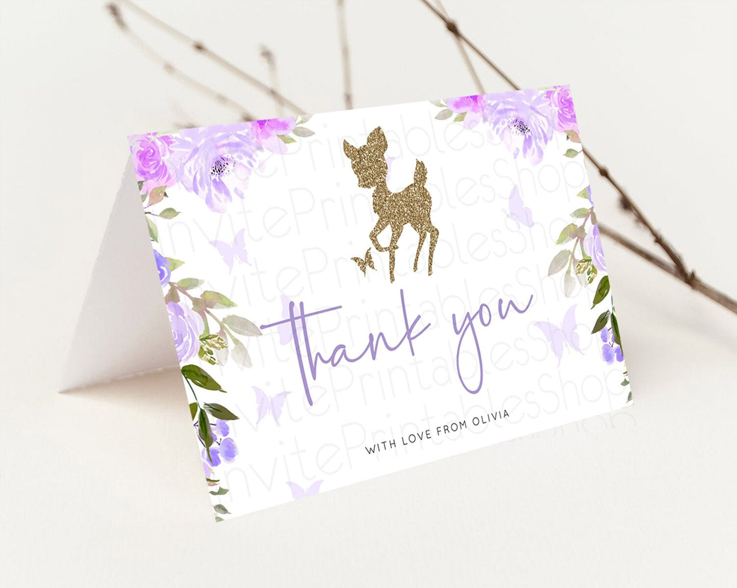 Fawn Thank You Deer Thank You Card Pastel Floral Deer Birthday Thank You Card Enchanted Forest Butterfly Deer Teacher Thank You Card D10914