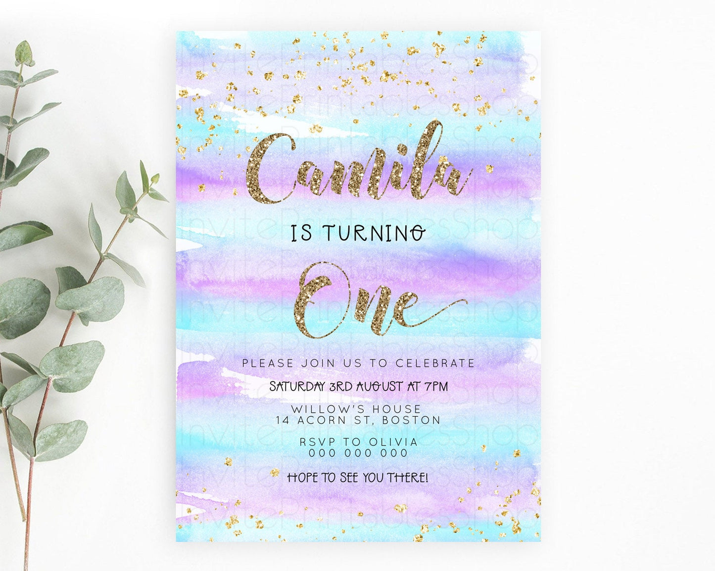 Rainbow Birthday Invitation Colorful Pastel Watercolor Invitation Gold Glitter Sprinkles Ombre Pastel 1st 2nd 3rd Birthday D23264