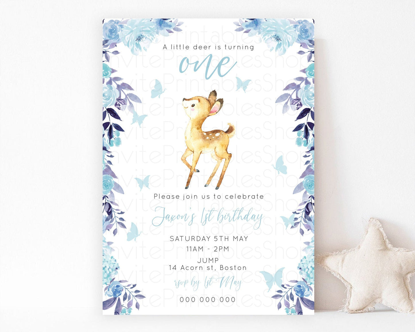 Fawn Birthday Invitation Deer Birthday Invitation Enchanted Forest Party Butterfly Pastel Flowers Whimsical 2nd 1st First Birthday D10917