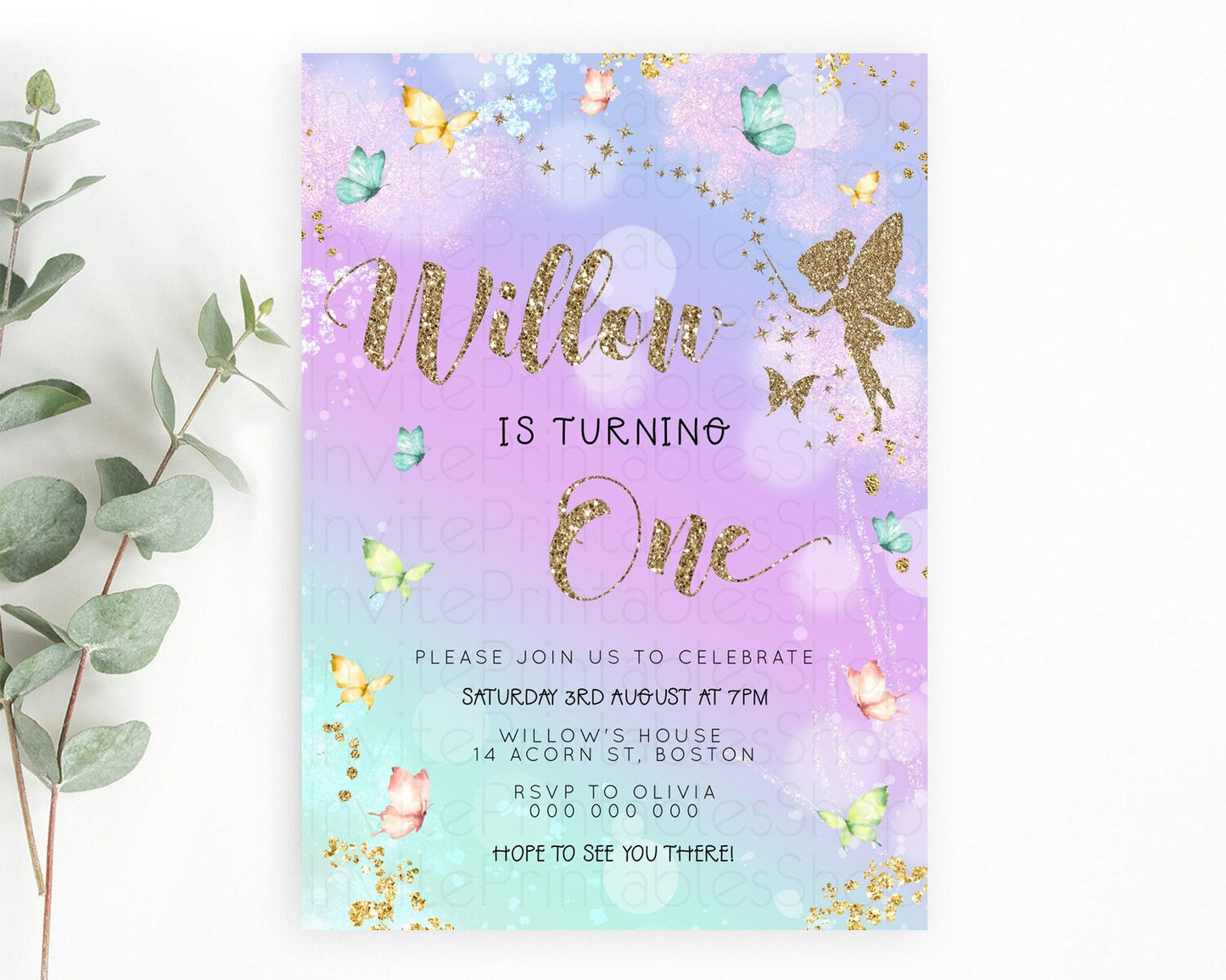 Pastel Fairy Birthday Invitation Pastel Butterflies Fairy Birthday Invitation Rainbow Ombre Watercolor 1st 2nd Birthday Invitation D23163