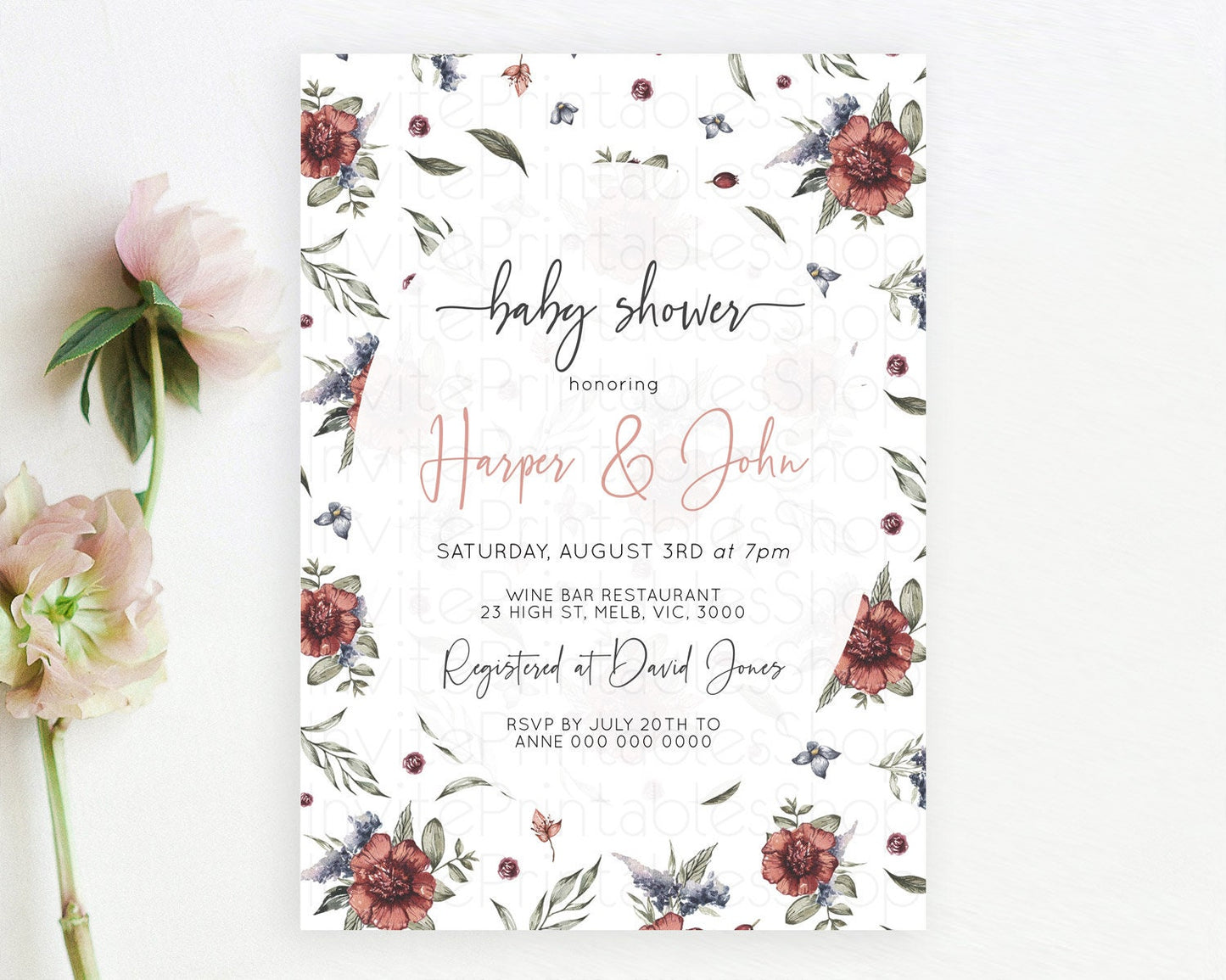 Wildflower Baby Shower Invitation Secret Garden Baby Shower Invitation Pastel Flowers Invite Enchanted Garden Shower Floral Theme D10503