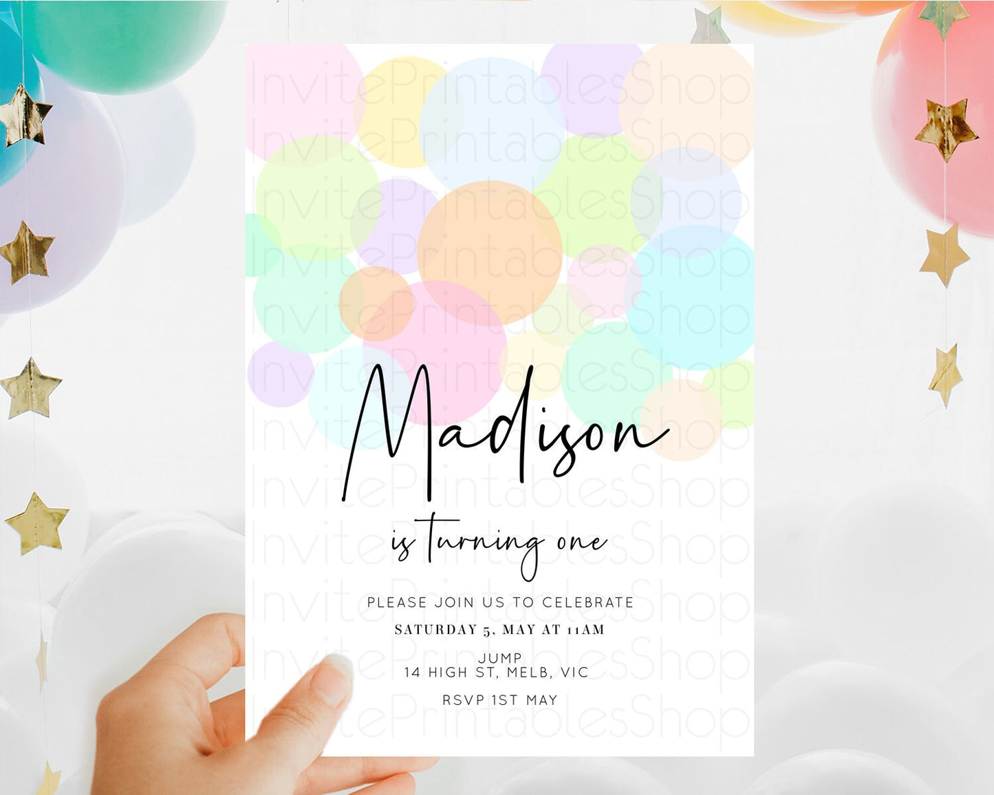 Pastel Birthday Invitation Pastel Confetti Birthday Invitation Bubbles Invitation Colorful Rainbow Confetti 2nd 1st First Birthday D10226