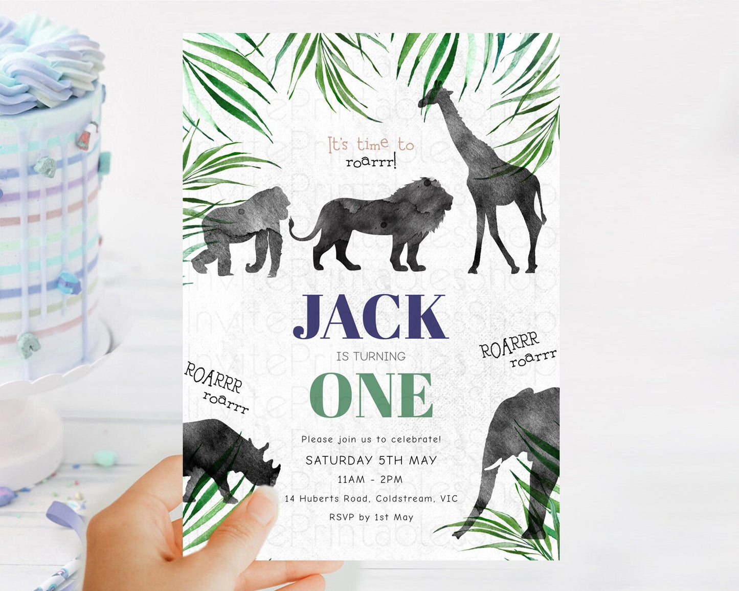 Safari Birthday Invitation Lion Gorilla Elephant Rhino Tropical Palm Jungle Safari Adventure Zoo Party Animal 2nd 1st First Birthday D10839